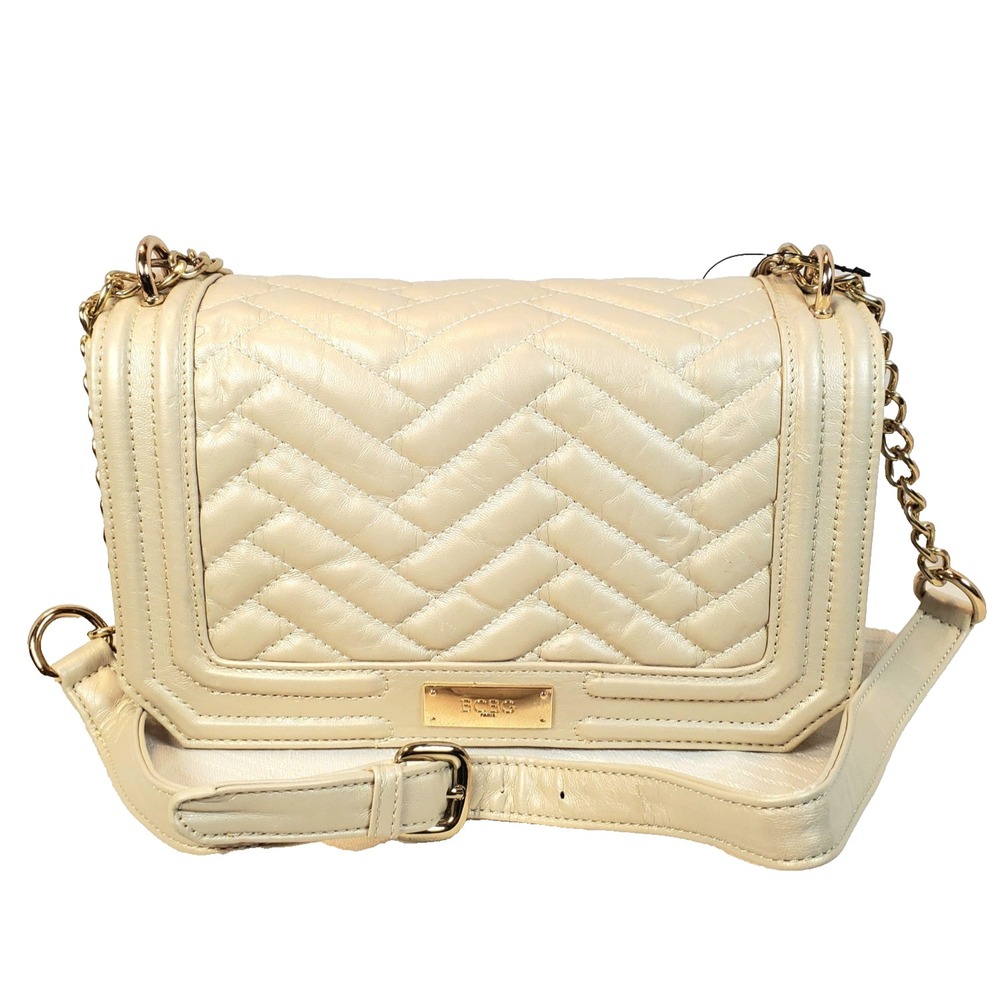 BCBG Champagne Faux Leather Quilted Shoulder Bag w Gold Chain Strap, Pockets NWT